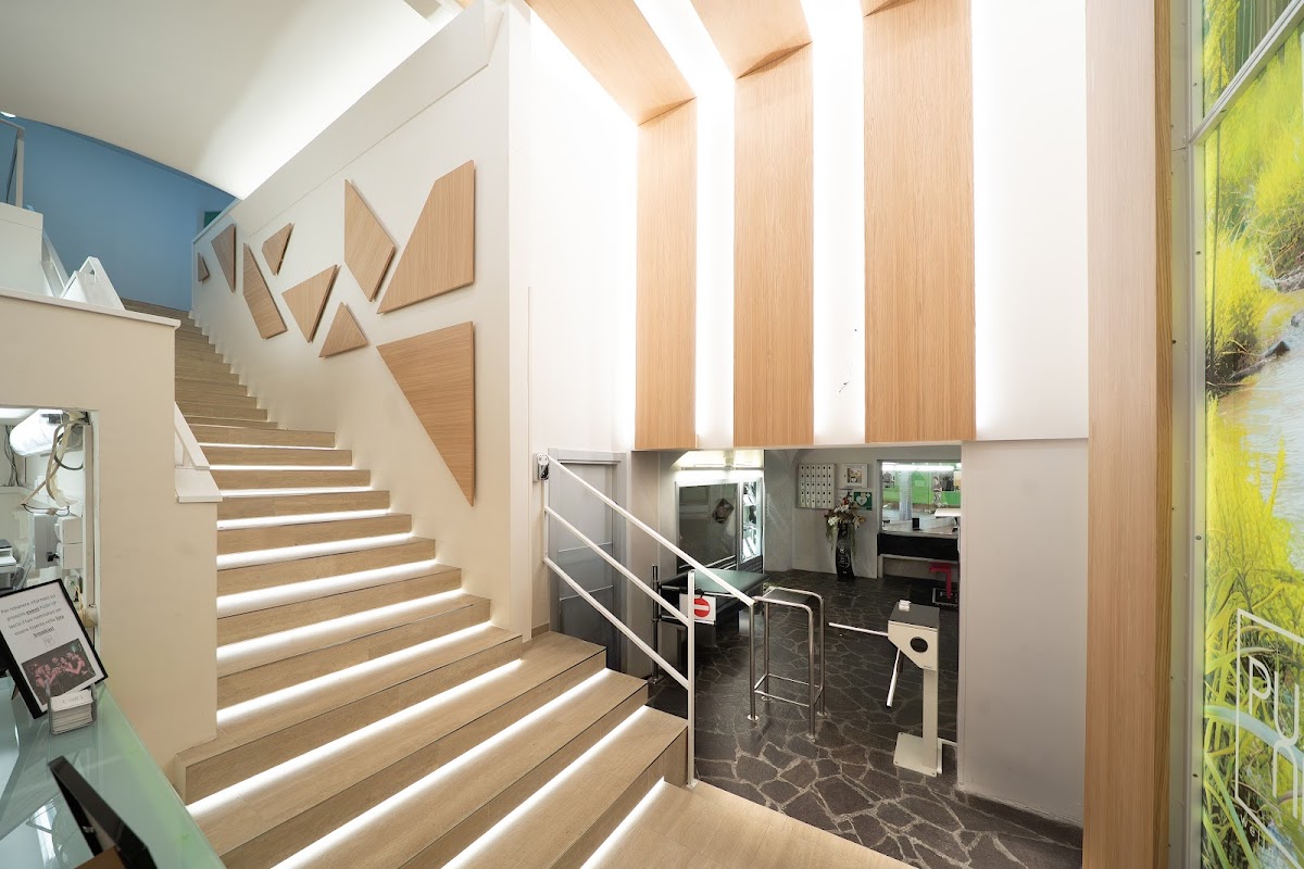 Ingresso luminoso di Push Up con scalinata e reception in legno